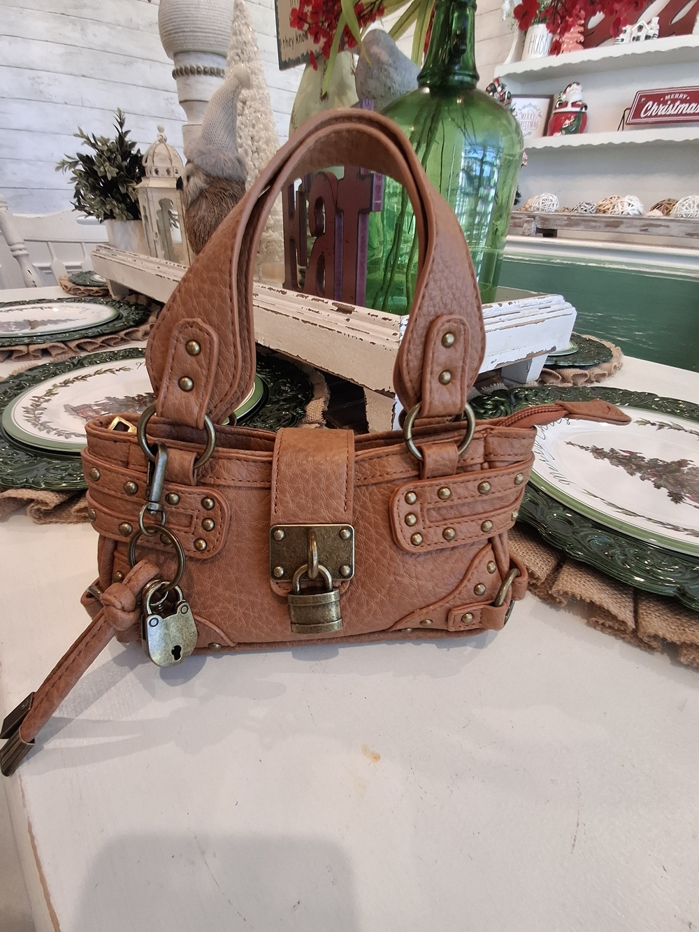 Mini Saddle Color Satchel with Brass Hardware And Crossbody Strap